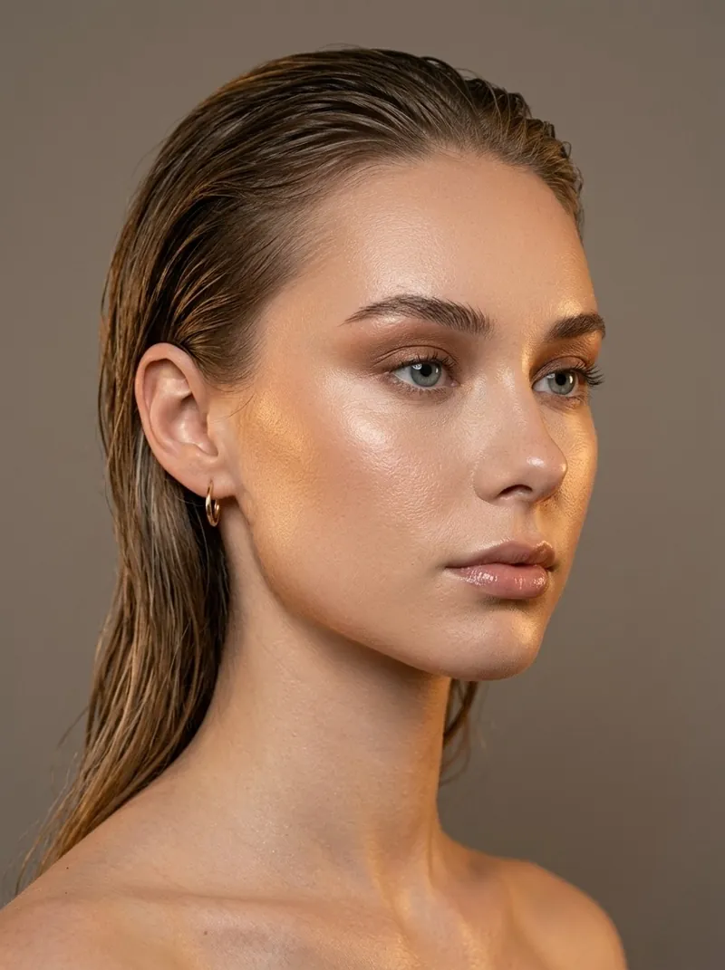 Three-quarter beauty portrait of Anastasia Stepanenko with wet-look hair and gold hoop earrings