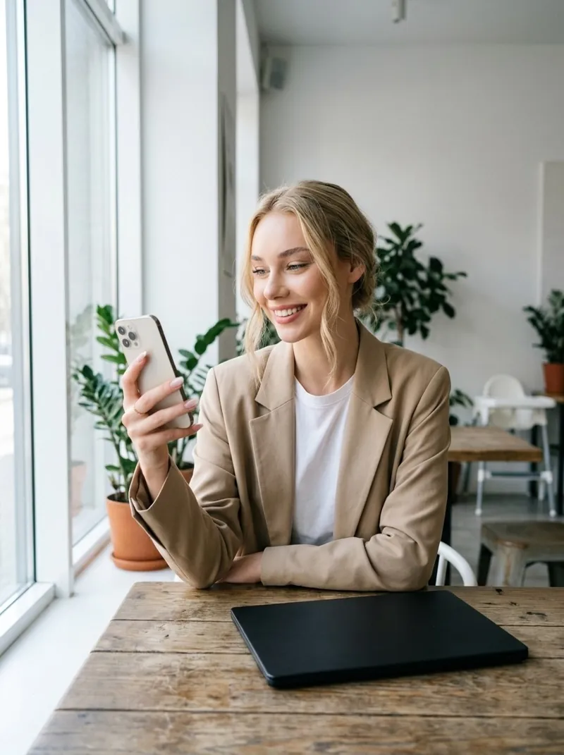 Anastasia Stepanenko smiling at a smartphone in a modern cafe, commercial lifestyle shot