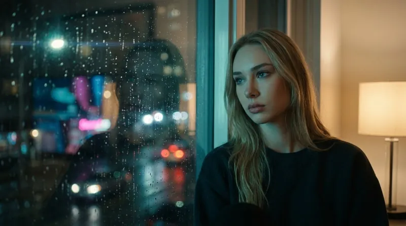 Cinematic film still of actress Anastasia Stepanenko by a rain-streaked window at night