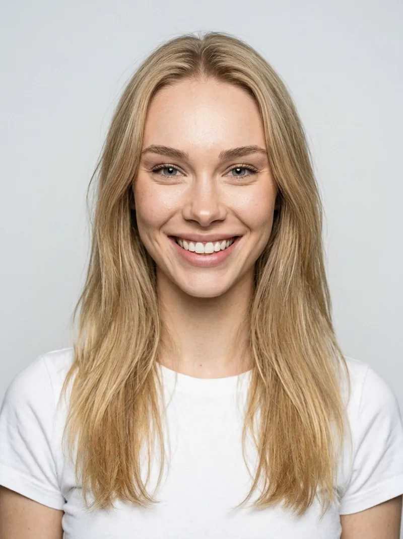 Commercial headshot of Anastasia Stepanenko smiling in a white t-shirt