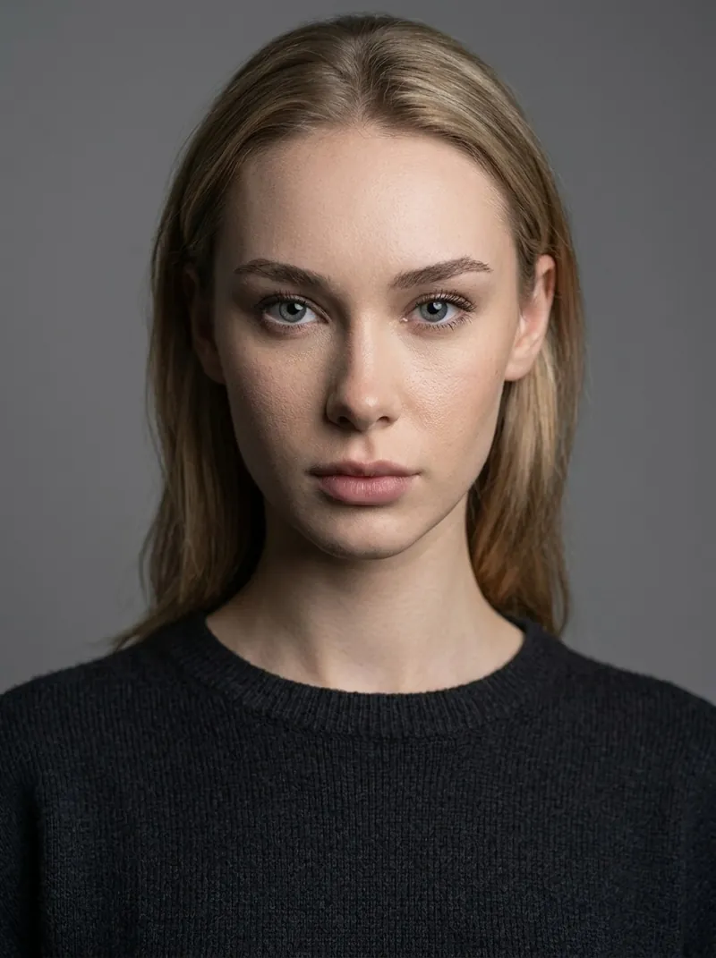 Theatrical headshot of actress Anastasia Stepanenko on a grey backdrop