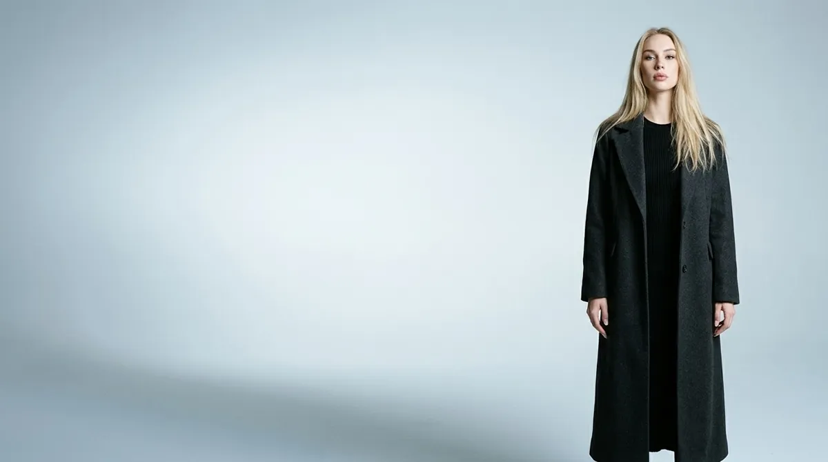 Anastasia Stepanenko, fashion model, full-length in a charcoal coat