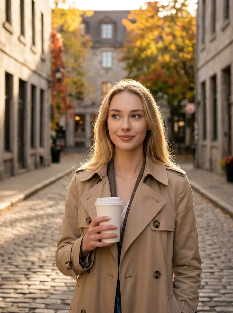 Lifestyle photo of Anastasia Stepanenko walking in Old Montreal in autumn